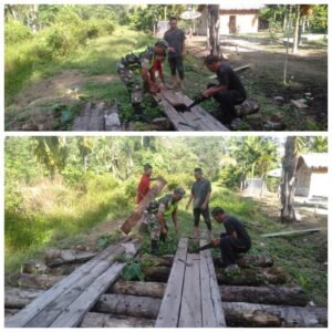Jembatan Menuju Kebun Diperbaiki, Babinsa dan Warga Kompak Gotong Royong